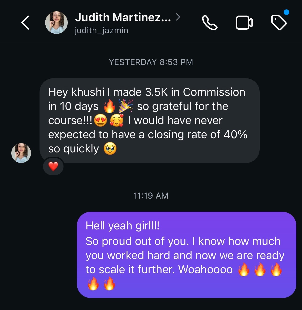 Student Judith made $3.5k commission in 10 days at a 40% close rate