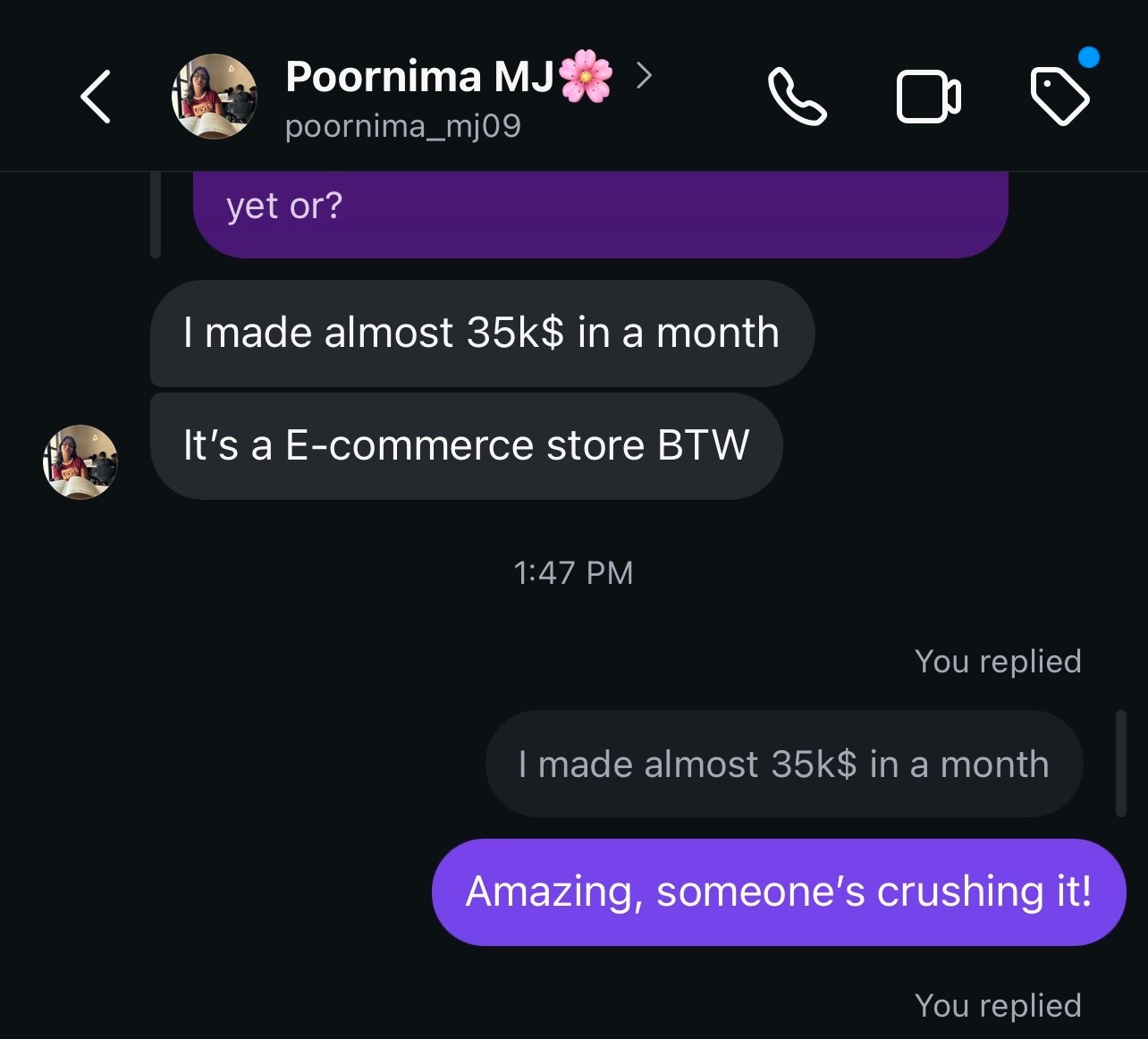 Student Poornima made almost $35k in a month