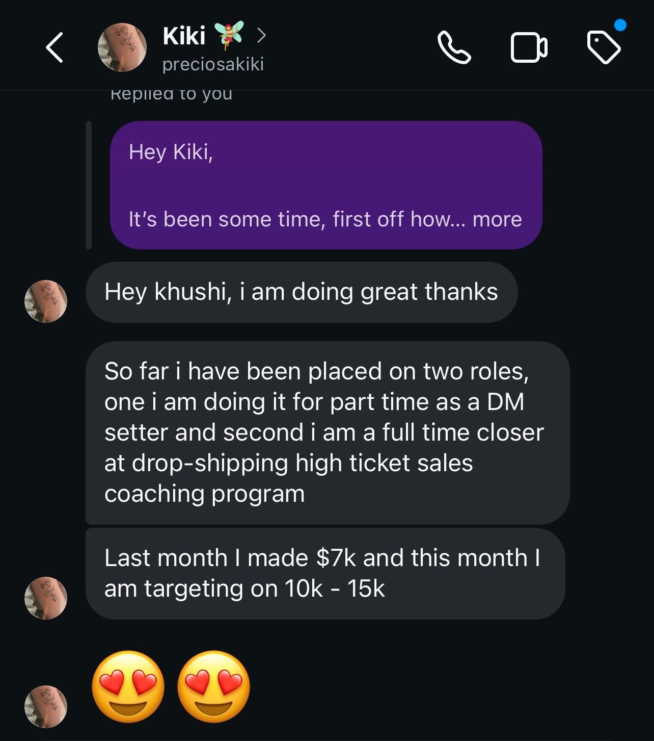 Student Kiki placed in two roles, made $7k last month