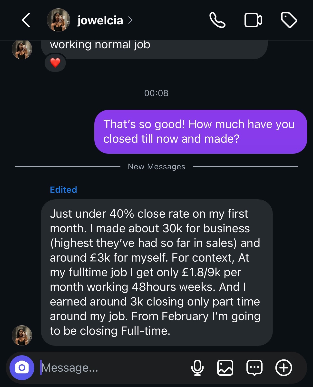 Student hit a 40% close rate and £3k in her first month part time