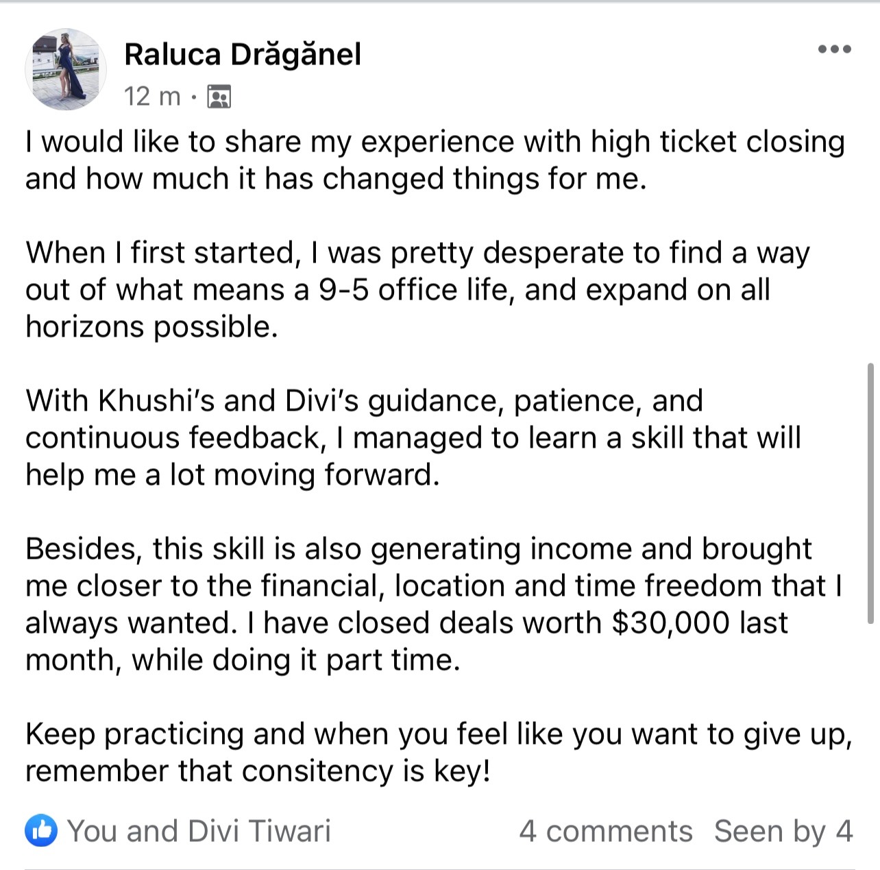 Student Raluca closed $30,000 in deals part time