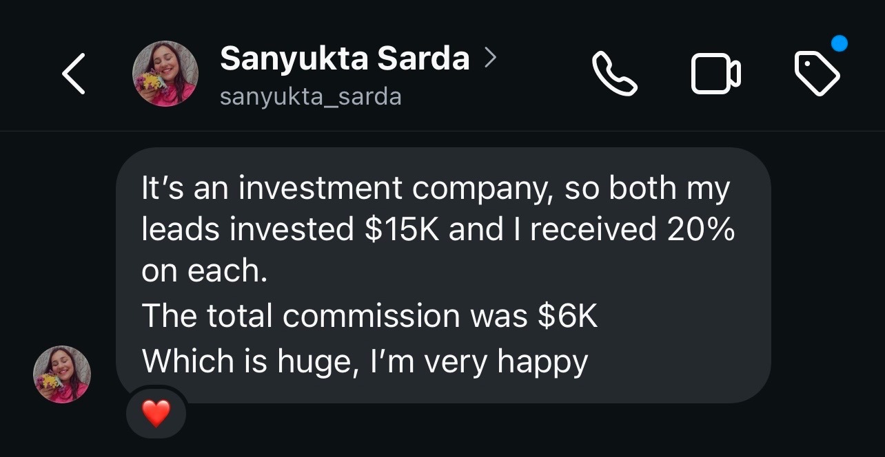 Student Sanyukta earned $6k commission from two $15k deals